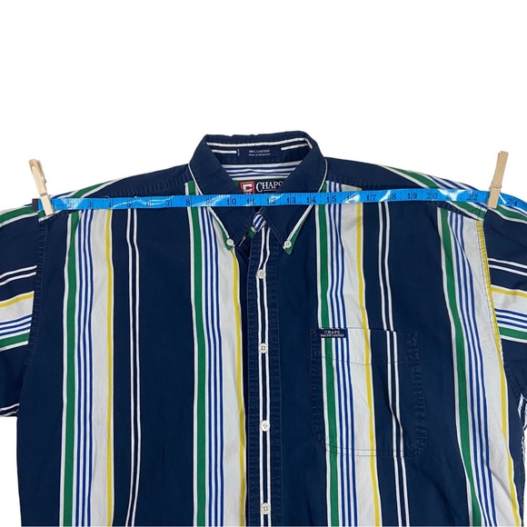 Chaps Ralph Lauren Men’s Striped Button Down Short Sleeve Navy Blue Shirt Large - Picture 7 of 8